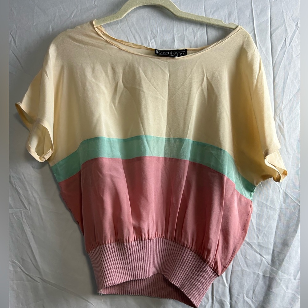 Karen Kane pastel cream strip silk blouse 80s
